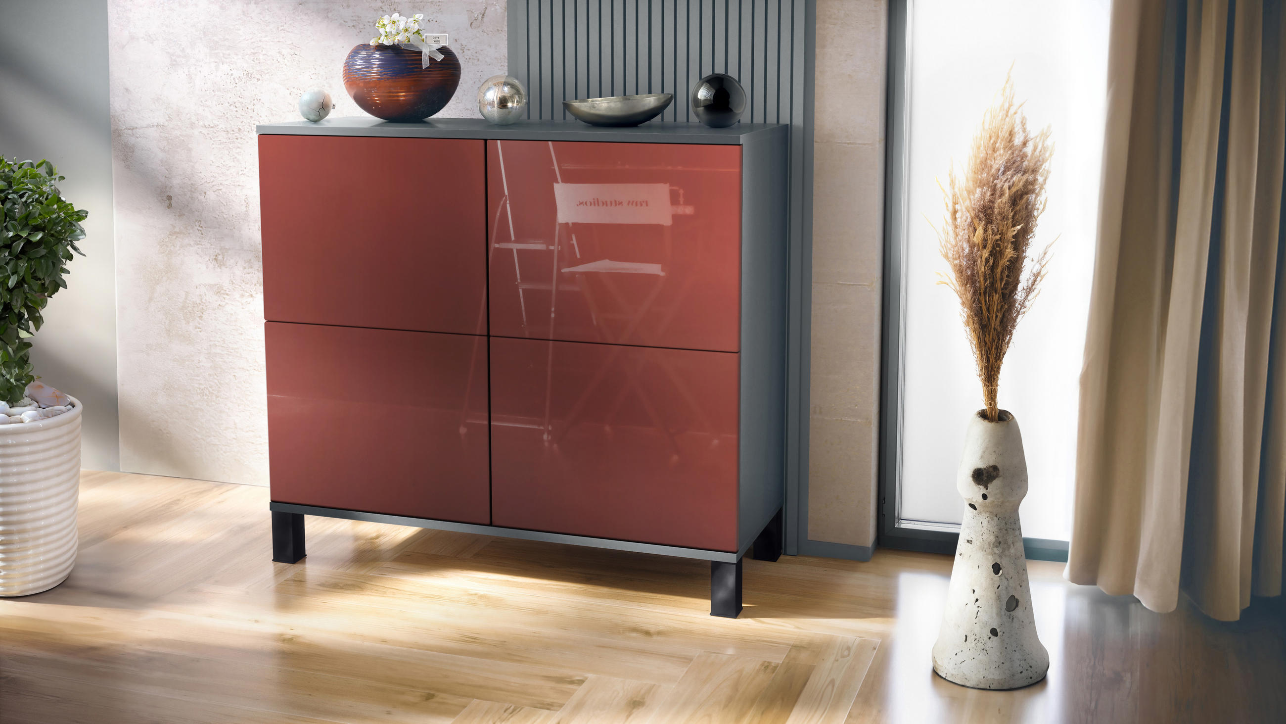 KOMMODE Rova Bordeaux Hochglanz - Bordeaux, Holzwerkstoff (92.5/84.5/35cm) - Vladon