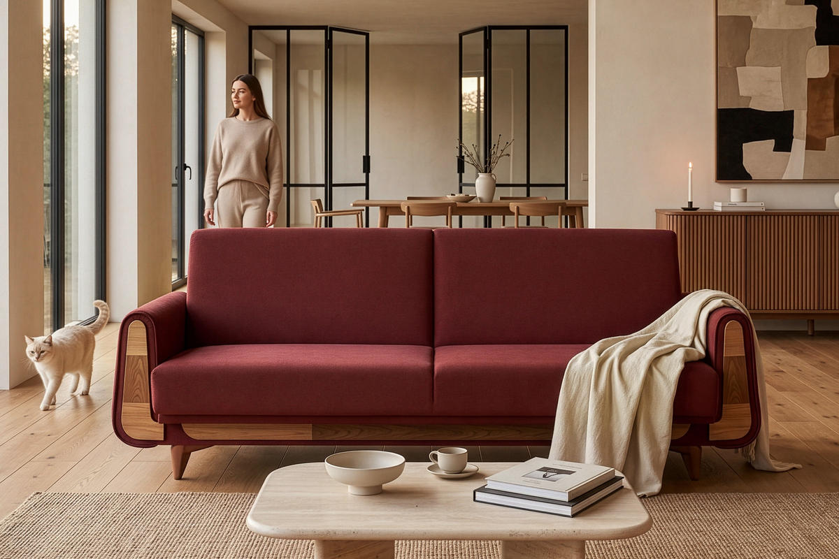 3-SITZER-SCHLAFSOFA GUSTAVO mit Armlehnen, rot - Dunkelbraun/Braun, Holz/Holzwerkstoff (230/98/98cm) - KONSIMO®
