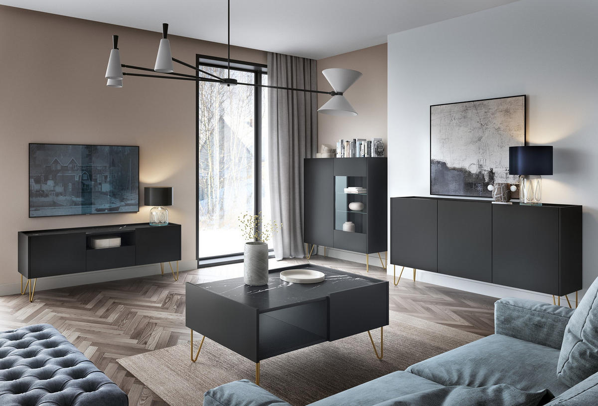 TV-SCHRANK 144 cm mit Schublade Olven, goldene Beine, Schwarz - Schwarz, Holz (144/55/37cm) - Emporius