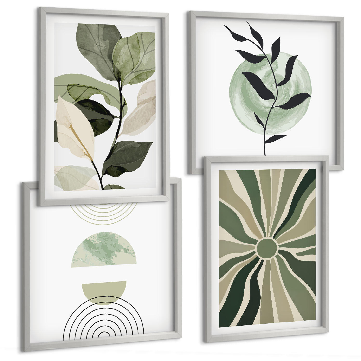 BILDER SET 4er Set - 50x50 cm & 40x60 cm Silberner Rahmen - Geometrische Pflanzenformen - Silberfarben, Kunststoff (50/50cm) - TULUP