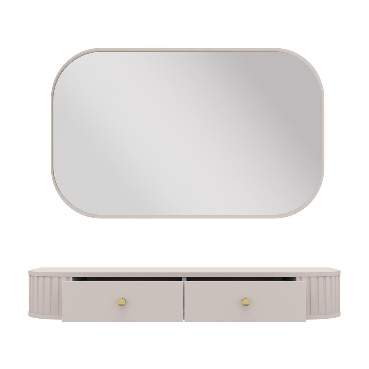 KONSOLENTISCH Halay Beige 2 Schubladen mit runden Kanten + Rechteckiger Spiegel - Beige/Goldfarben, Holzwerkstoff/Metall (36/123/17.5cm) - AX Living