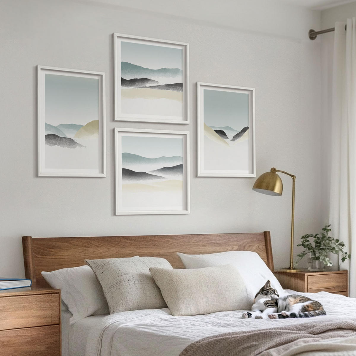 WANDBILDER 4er-Set - 50x50 cm & 40x60 cm Weißer Rahmen - Berge minimalistische Pastellfarben - Weiß, Kunststoff (50/50cm) - ArtPrintCave