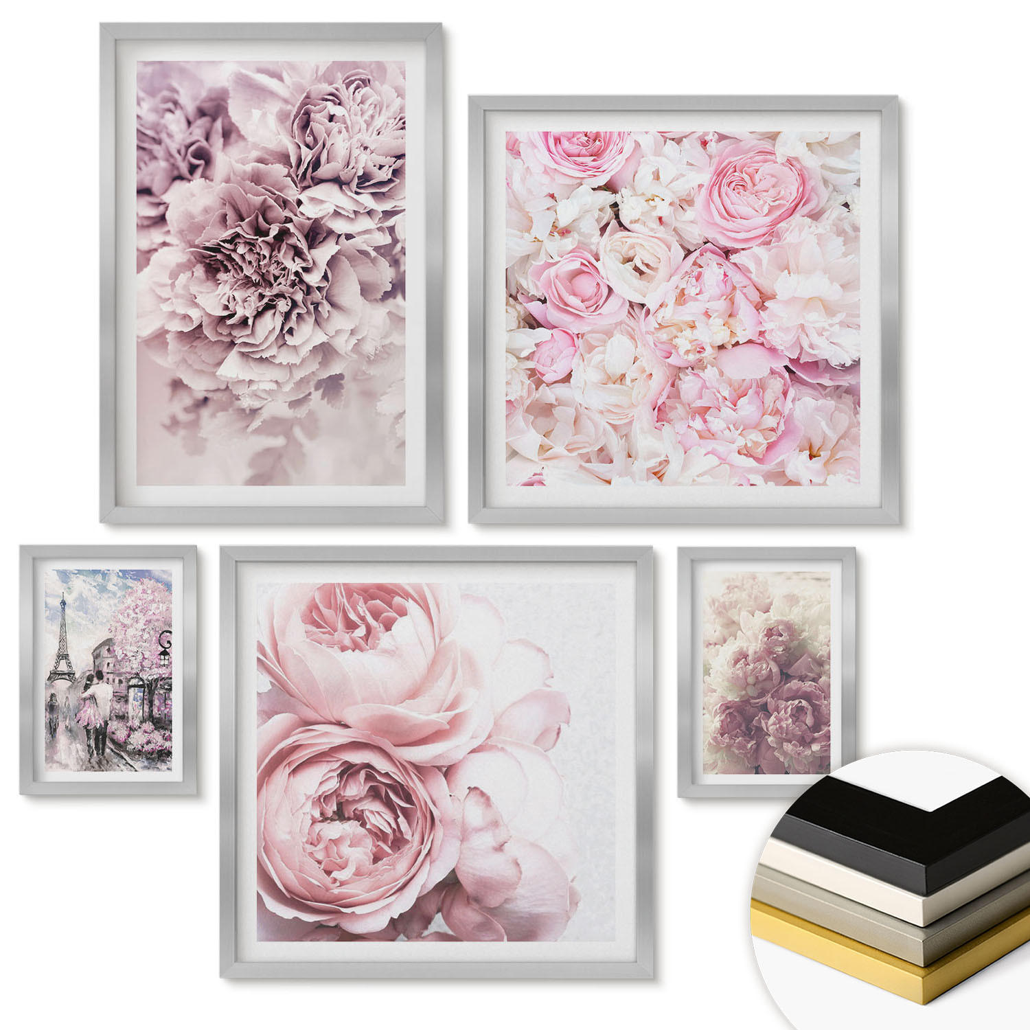 WANDBILDER 5er Set - 50x50 cm & 20x30 cm & 40x60 cm Silberner Rahmen - Rosa Blumen, romantische Landschaft - Silberfarben, Kunststoff (40/60cm) - ArtPrintCave