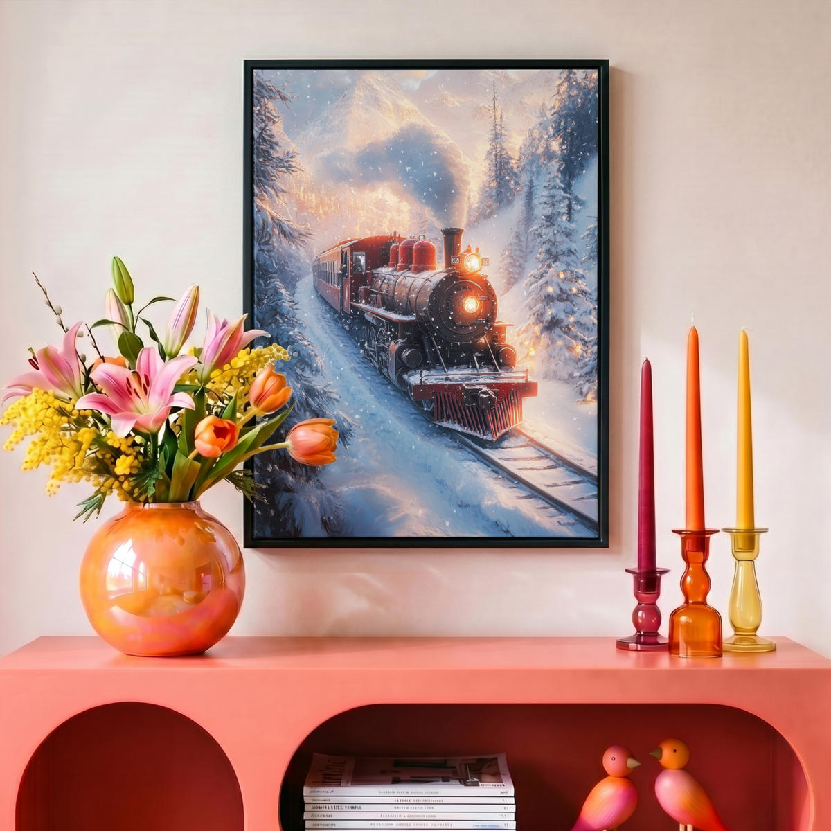 LEINWAND Bilder mit Rahmen - Weihnachtszug - Schnee - Winter - Weihnachten - 30x40 - Dunkelrot, Textil (30/40cm) - MuchoWow