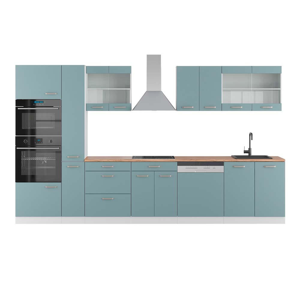 Vicco KUCHYŇSKÝ KOUT R-Line Modrošedá/bílá 350 cm s vysokou skříní, PD Dub
