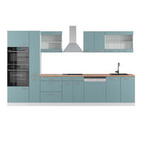 KÜCHENZEILE R-Line Blau-Grau/Weiß 350 cm mit Hochschrank, AP Eiche - Blaugrau/Weiß, Holzwerkstoff (350/81.6/60cm) - Vicco