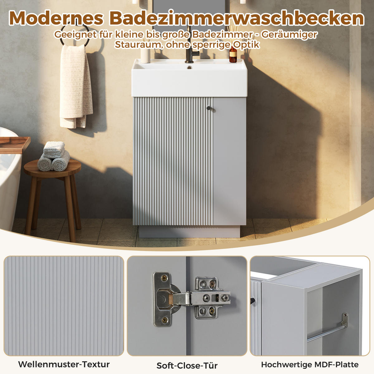 BADEZIMMERSCHRANK Waschbeckenunterschrank Rillenoptik Keramik Grau 55cm - Grau, Keramik (55/87/32cm) - FLIEKS
