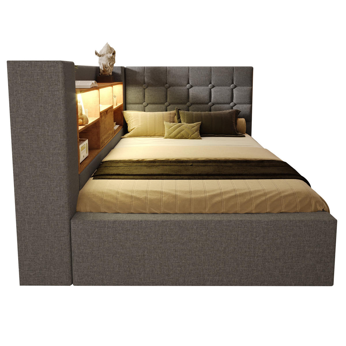 ČALOUNĚNÁ POSTEL 90/200 cm v šedé barvě s úložným prostorem, LED a USB-C - šedá, kov/kompozitní dřevo (90/200cm) - CHICFURN