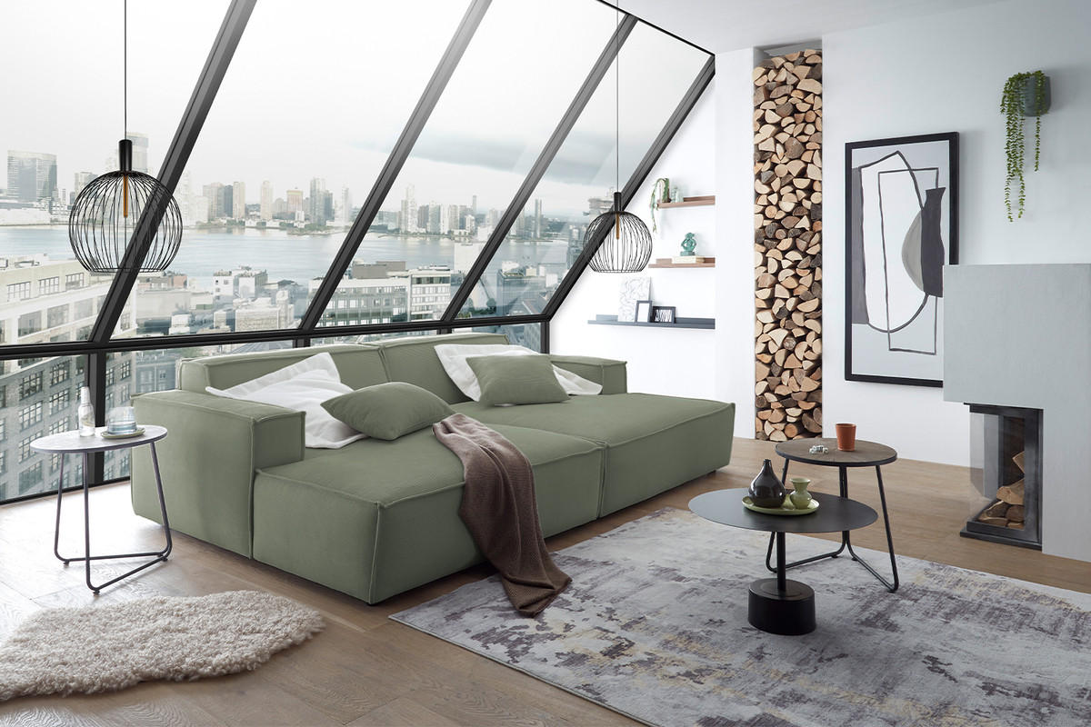 BIG SOFA SAMU Dunkelgrün Cord - Dunkelgrün/Schwarz, Textil (256/72/168cm) - KAWOLA