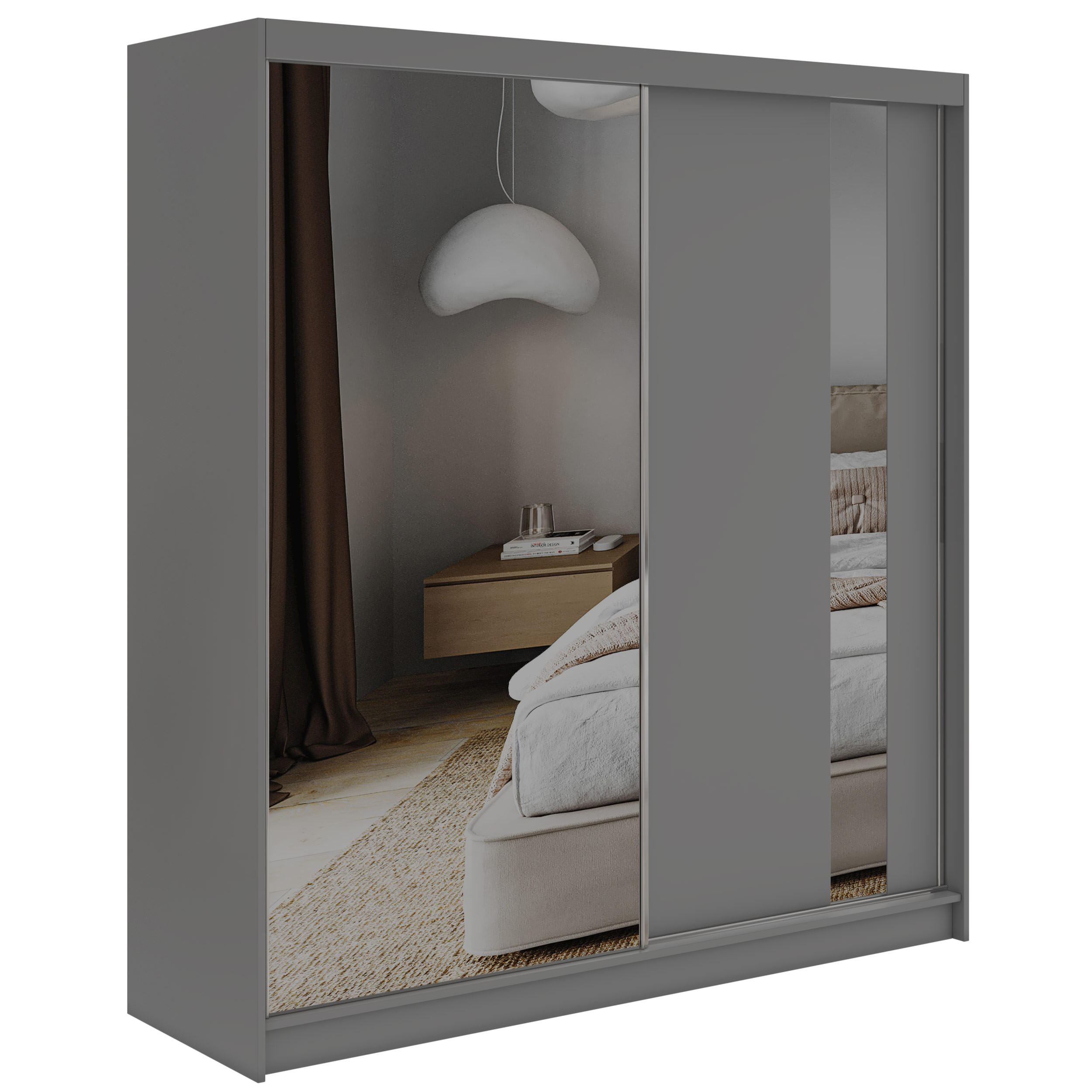 SCHWEBETÜRENSCHRANK mit Schubladen 200 - GRECJA - Grau mit Spiegel - Alufarben/Grau, Holzwerkstoff/Metall (200/216/61cm) - MKS