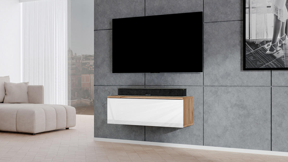 LOWBOARD Loriano 100 Eiche Wotan, Weiß Hochglanz 100/34/32 cm – TV Board - Braun/Weiß, Holzwerkstoff/Kunststoff (100/34/32cm) - AX Living
