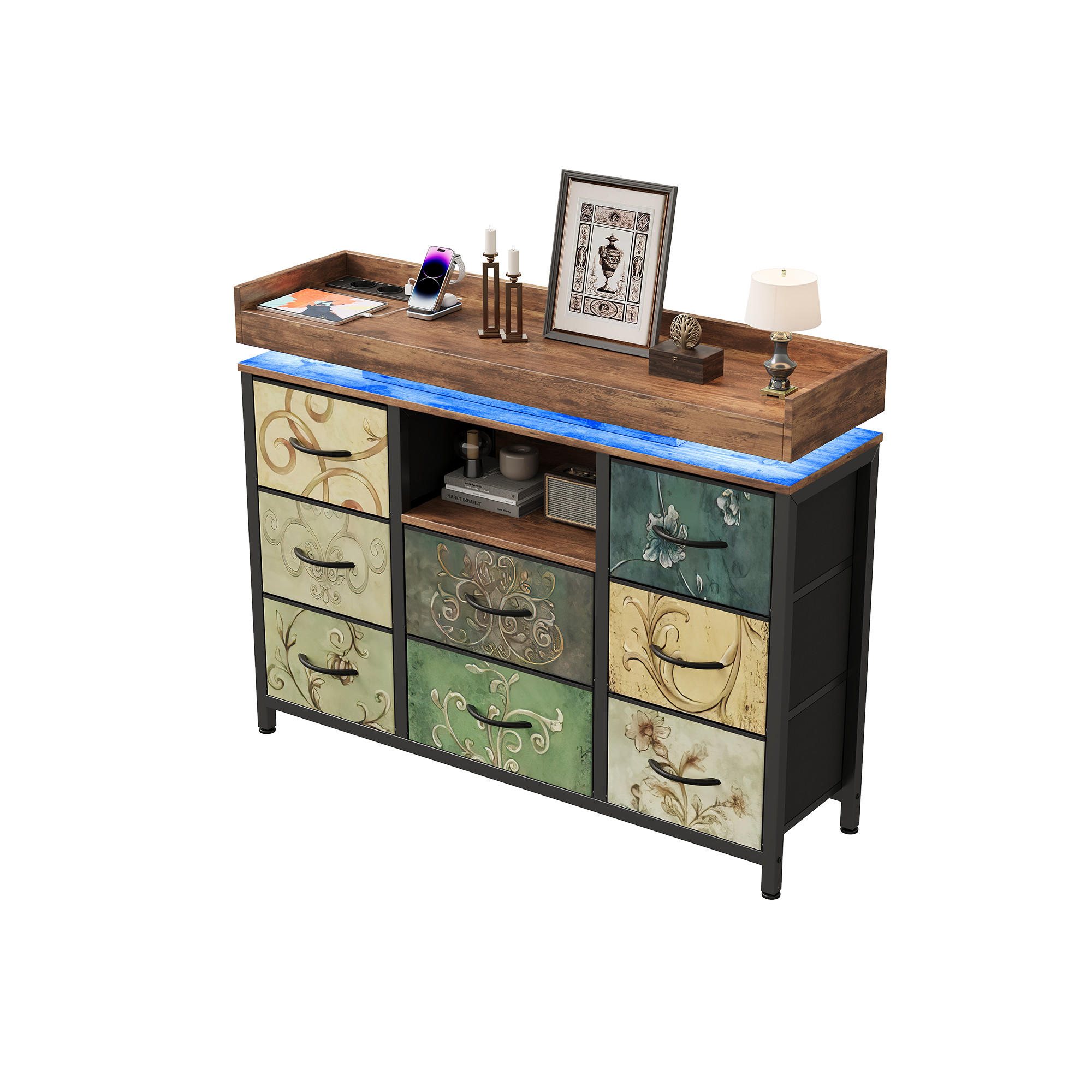 KOMMODE Vintage‑Blumen‑Design Stauraumschrank mit LED‑Beleuchtung 30/108/82 cm - Multicolor, Holz (108/82/30cm) - Joyfair