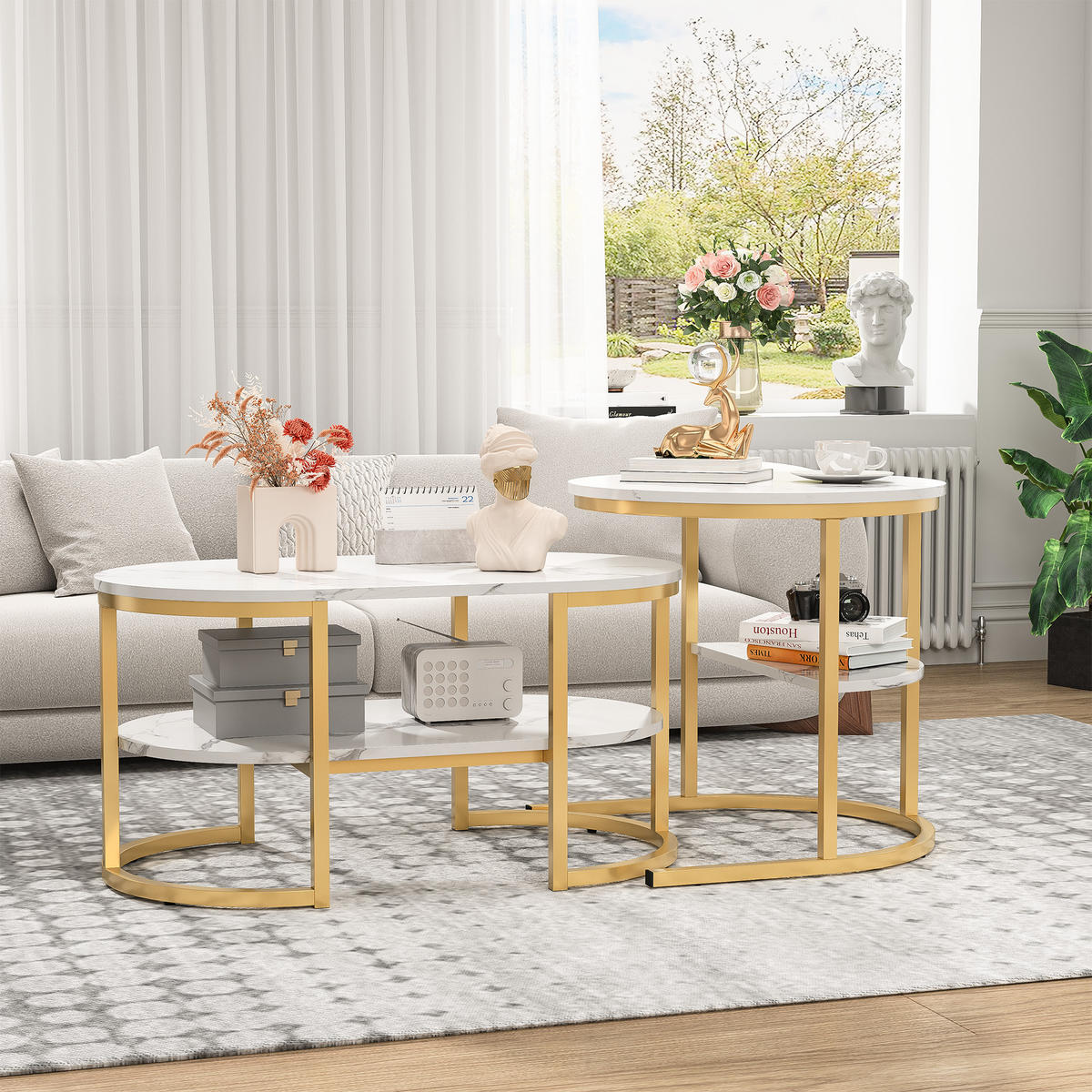 COUCHTISCH 2er SET, Weiß/Golden - Goldfarben/Weiß, Metall (80/46/41cm)