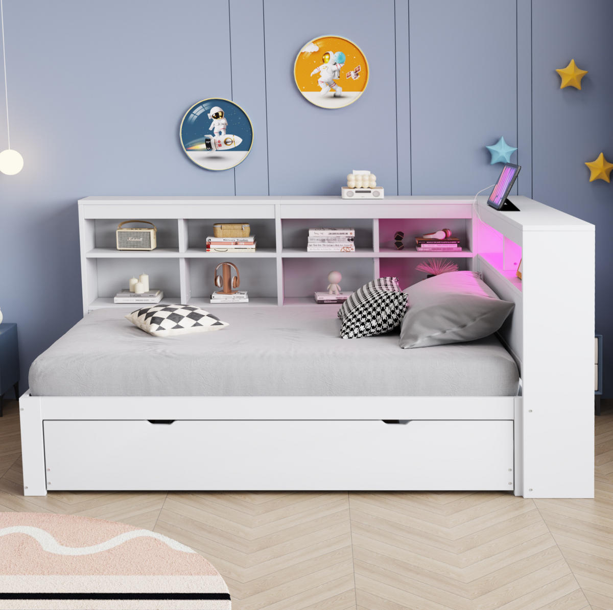 MULTIFUNKTIONSBETT 90/200 cm Weiß mit ausziehbarem Bett und USB-Anschluss - Weiß, Holzwerkstoff (90/200cm) - OKWISH