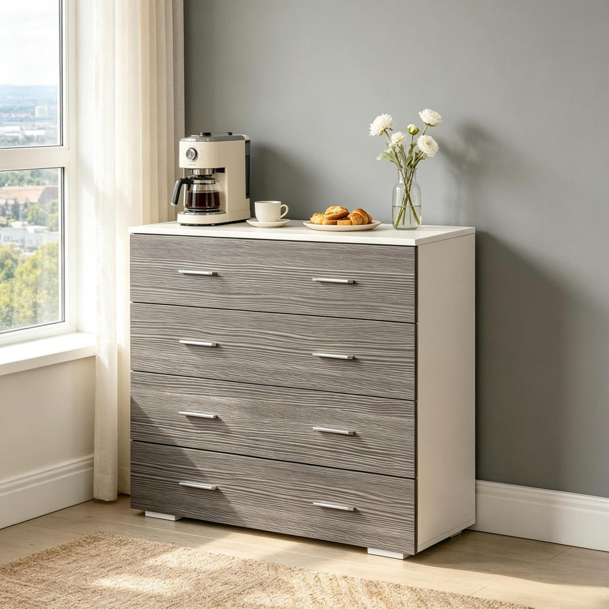 KOMMODE DE-38081 76/35/72 cm mit 4 Schubladen Weiß/Grau - Grau, Holzwerkstoff (76/72/35cm) - ComfortXL