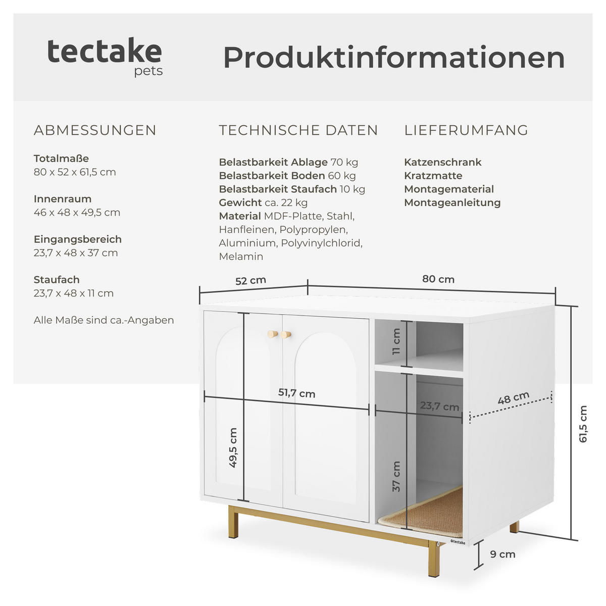 KATZENSCHRANK Kalea,inklusive Kratzmatte, 80 x 52 x 61,5 cm,weiß/gold - Goldfarben/Weiß, Holz (80/61.5/52cm) - tectake