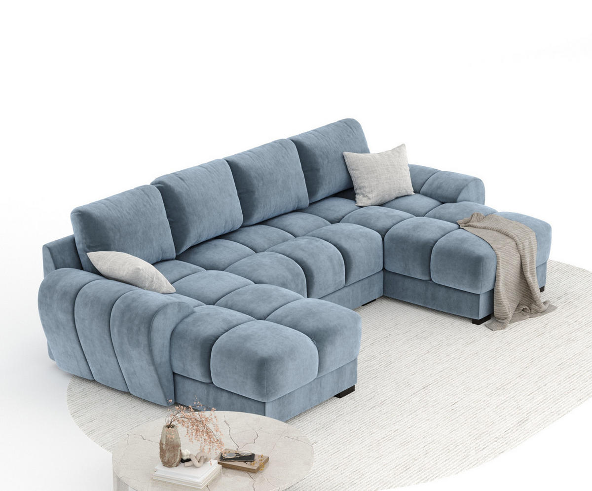 WOHNLANDSCHAFT Peebles Blau Samtstoff - Blau/Schwarz, Holz/Holzwerkstoff (330/90/175cm) - Maison de Reve