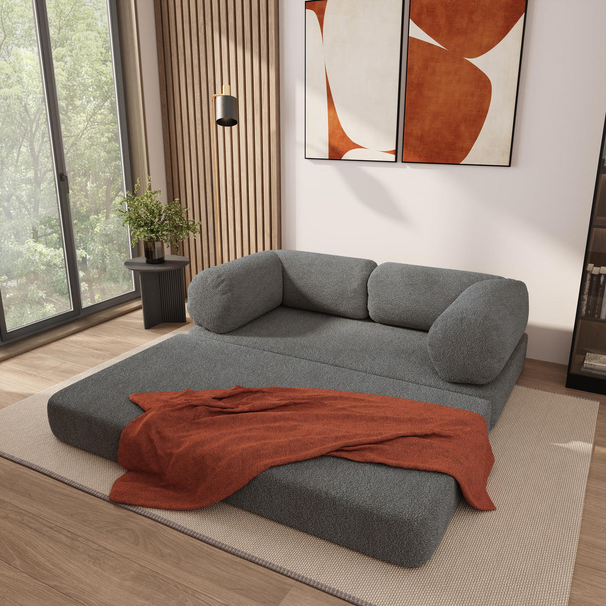 POHOVKA z pěny EIREN s funkcí spaní Buklé látka Šedá - šedá, textil (170/68/80cm) - MASSENO