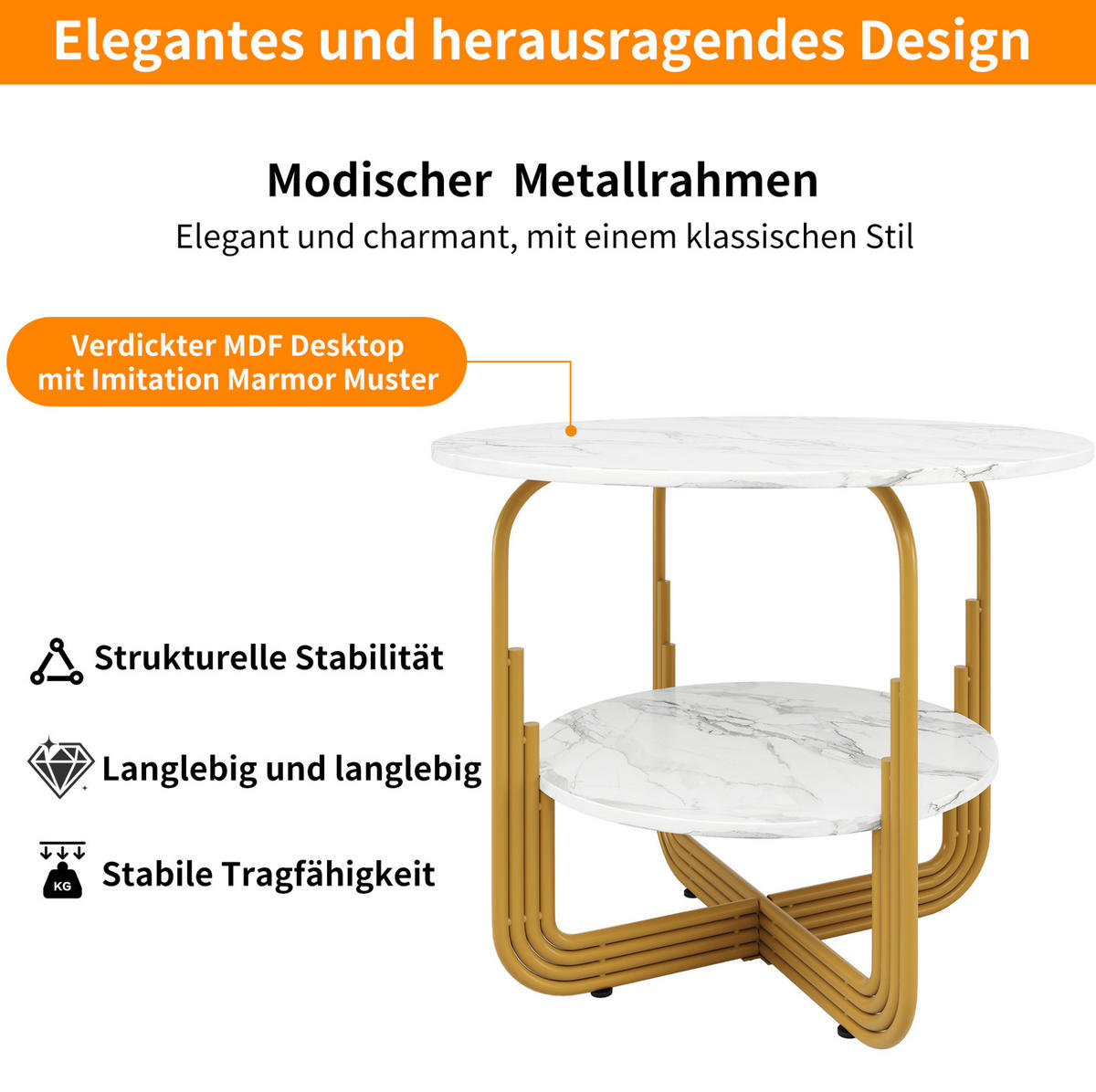 ESSTISCH 80/80/76 cm in Gold mit MDF-Marmoroptik und Ablage - Goldfarben, Holzwerkstoff (80/80/76cm) - Flora Grace