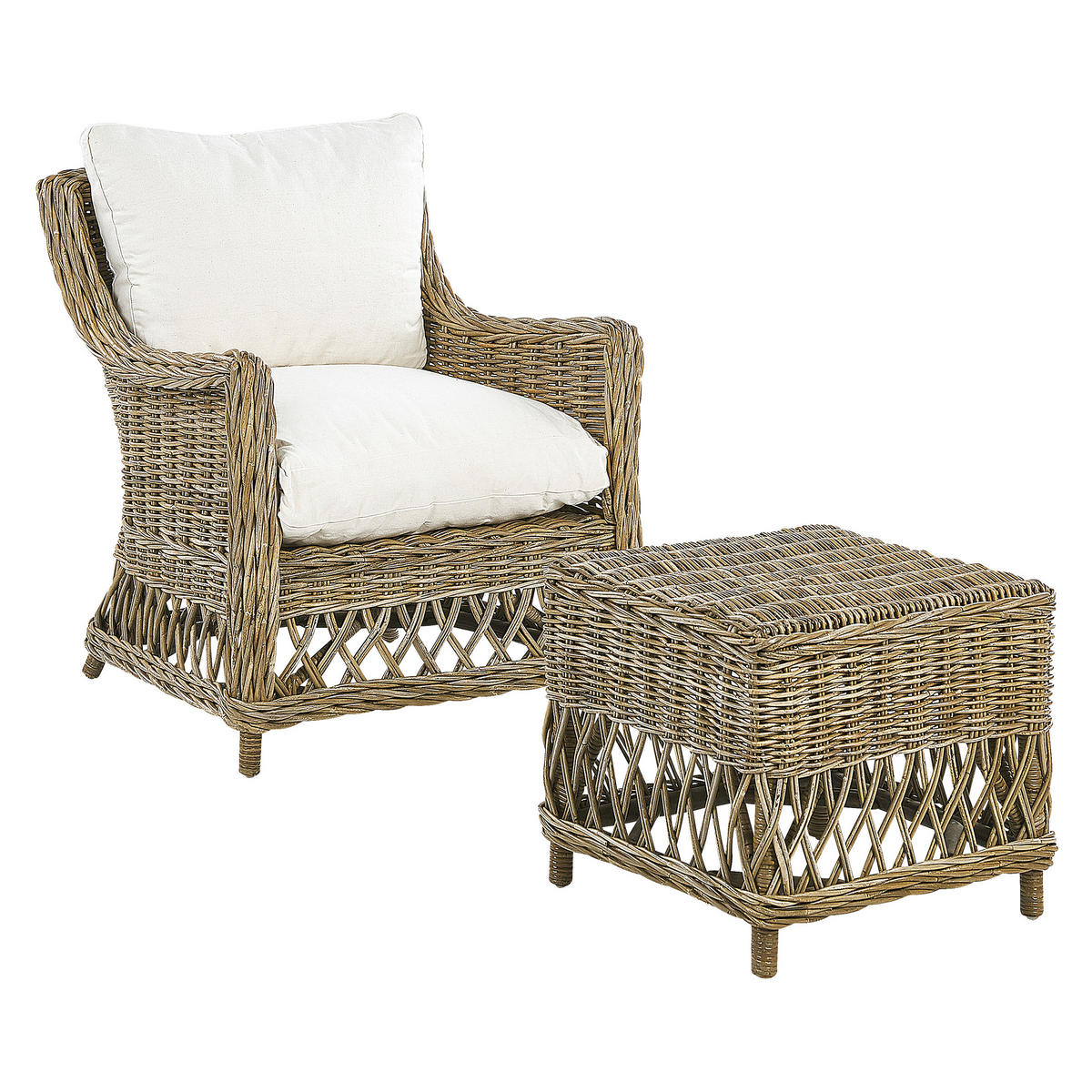 GARTENSESSEL 2er-SET mit Hocker Rattan natürlich Auflagen cremeweiß Ribolla - Beige/Naturfarben, Naturmaterialien (66/78/70cm) - Beliani