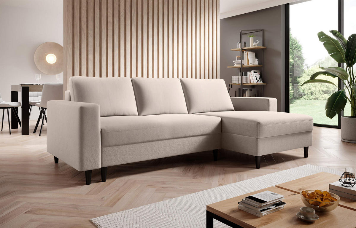 ECKSOFA Nalika Cremeweiß Velours - Creme/Schwarz, Holz/Textil (230/143cm) - Selsey