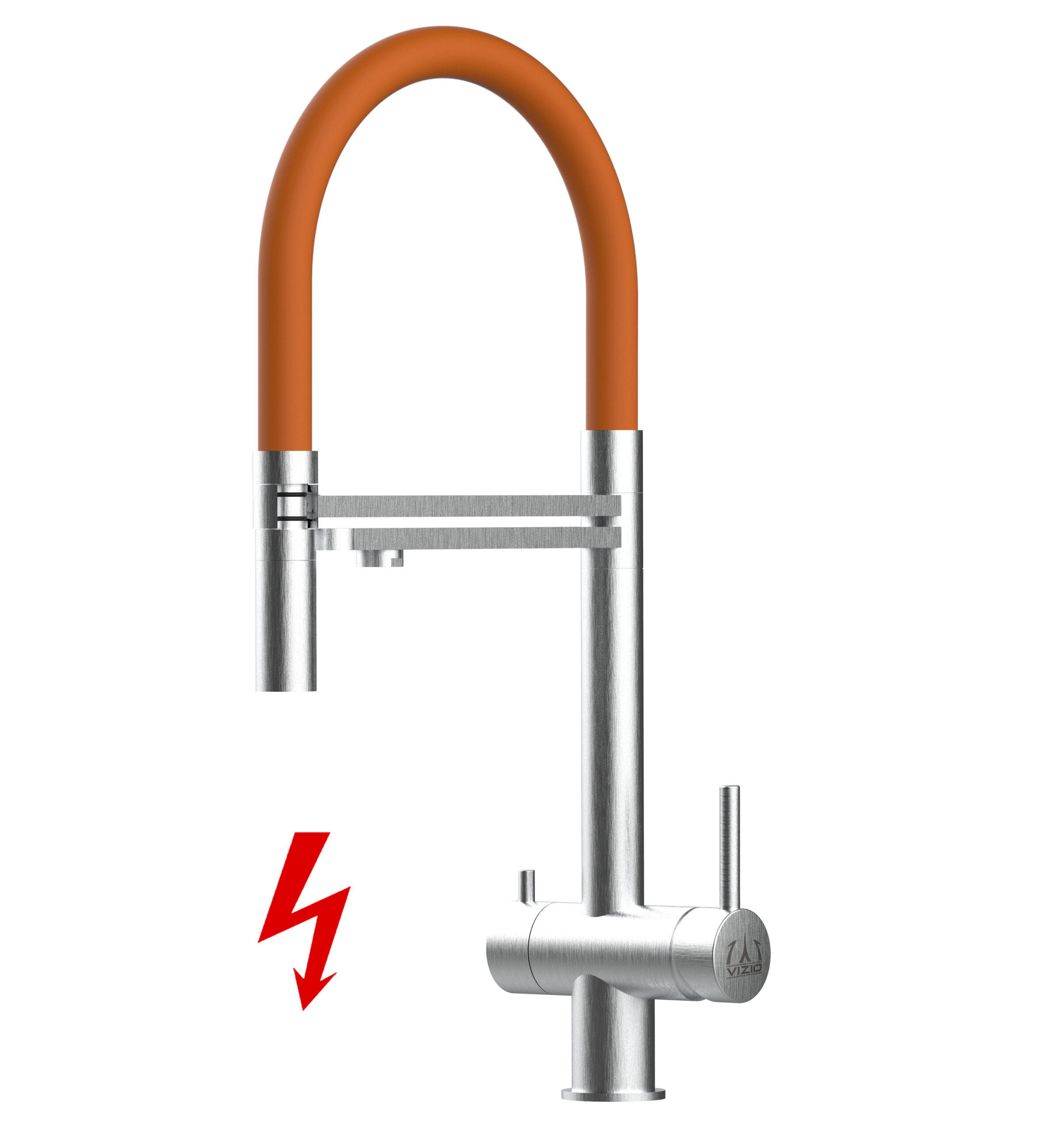 NIEDERDRUCK-3-WEGE-KÜCHENARMATUR, Edelstahl Massiv aus Chirurgenstahl, Gebürstet und Orange, 2-Strahl-Brause - Orange, Metall (24/49/24cm) - VIZIO