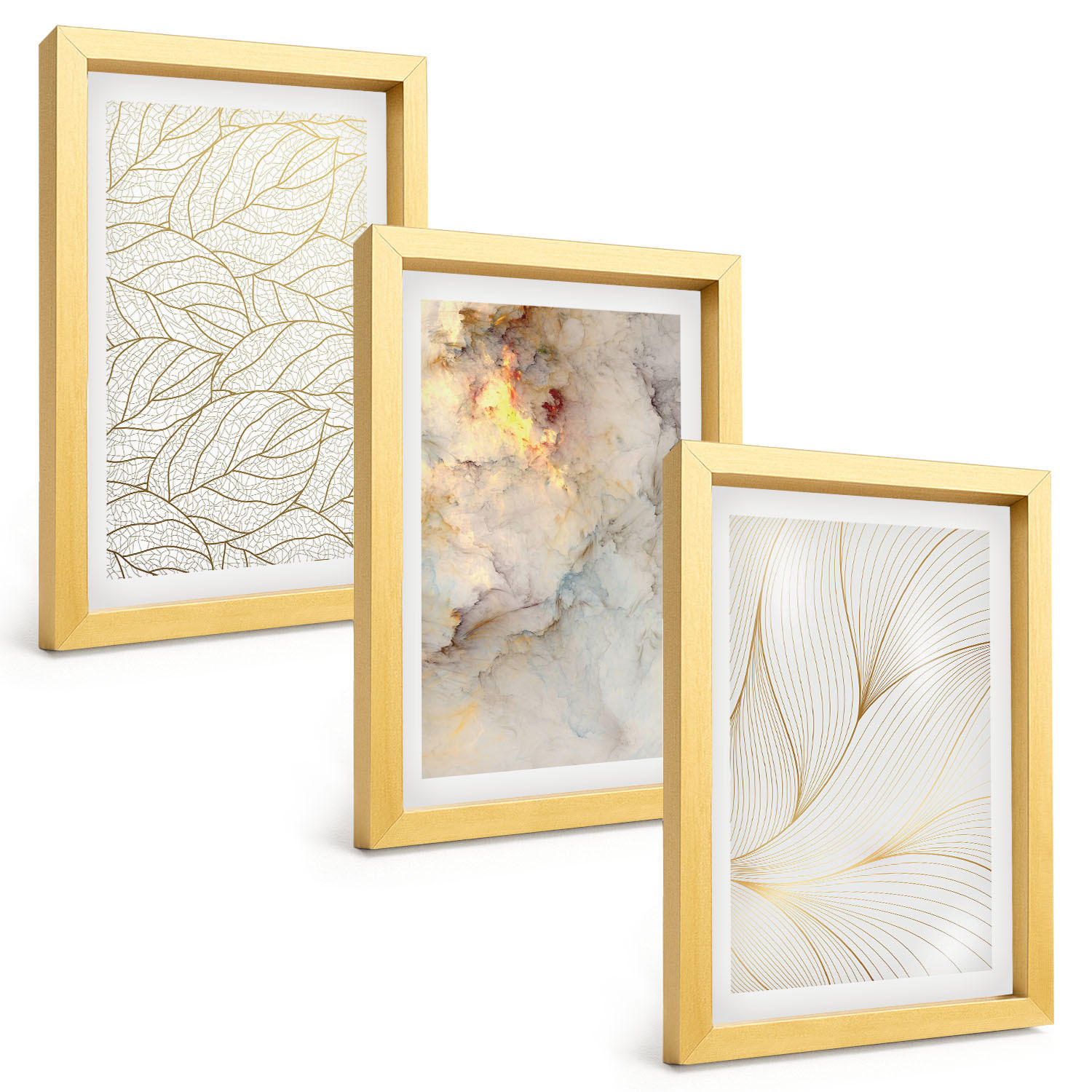 BILDER SET 3er Set - 20x30 cm Goldrahmen - Blättermuster Marmor abstrakt - Goldfarben, Kunststoff (20/30cm) - TULUP