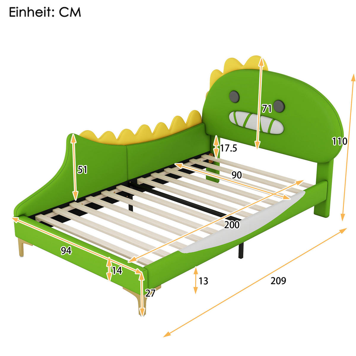 KINDERBETT 90/200 cm als Flachbett mit Cartoon-Dinosaurier-Design aus PU und MDF, Grün - Grün, Kunststoff (90/200cm) - Redom