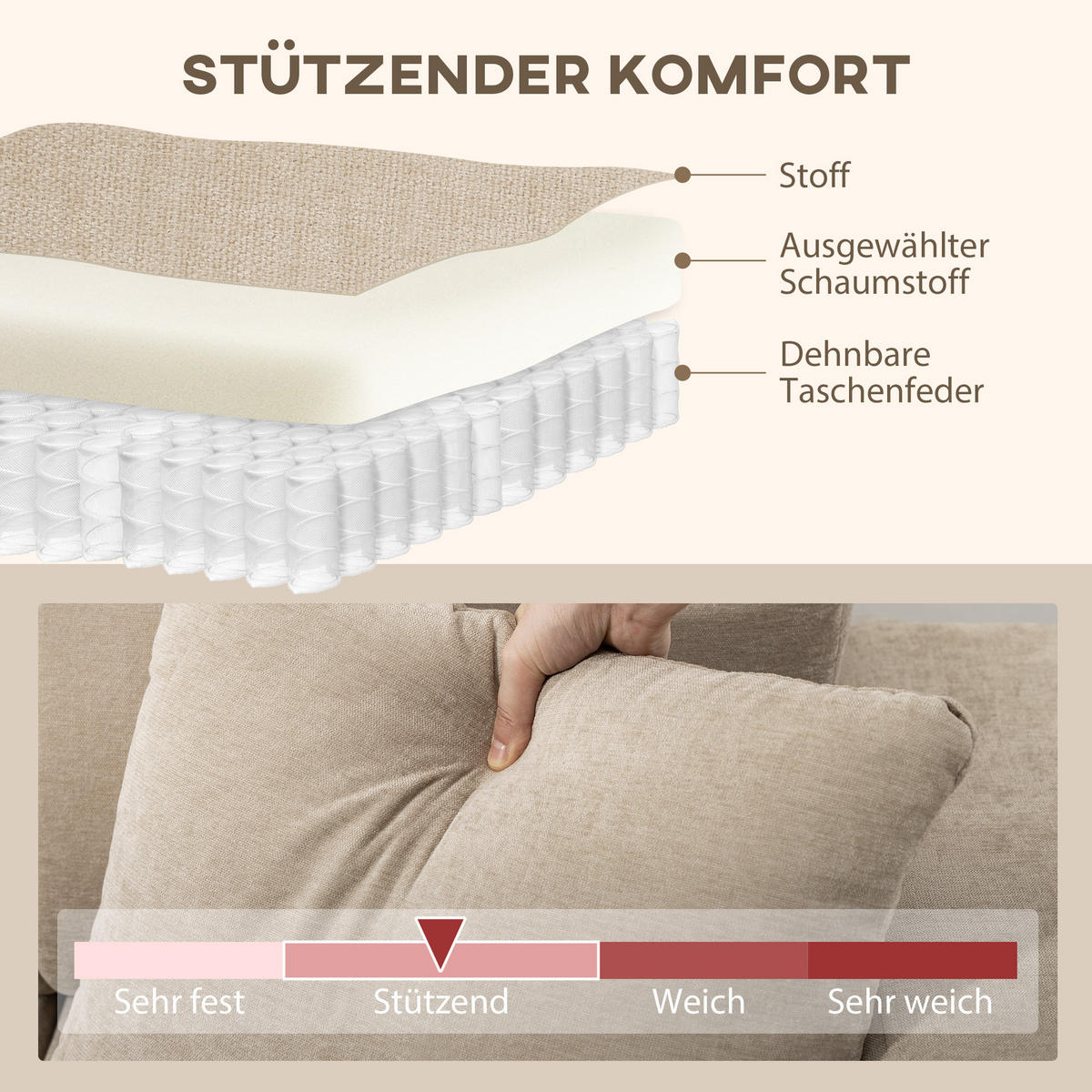 ECKSOFA, 3 Sitzer Couch in L-Form mit umkehrbarer Chaiselongue, Kissen, Beige - Beige/Schwarz, Kunststoff/Textil (156/242cm) - HOMCOM