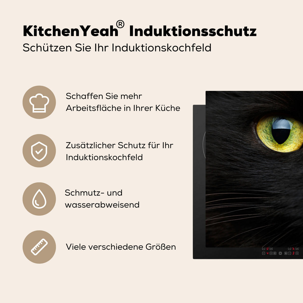HERDABDECKPLATTE Katze - Augen - Gelb - Schwarz Induktionsschutz 91.6x52.7 cm - Schwarz, Kunststoff (91.6/52.7/0.2cm) - MuchoWow