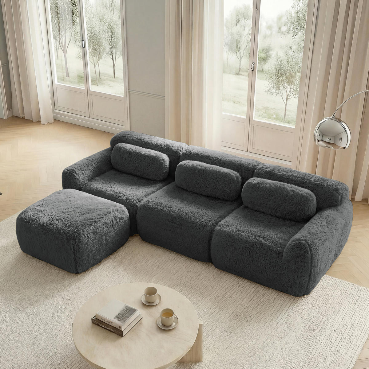 ECKSOFA aus Plüsch in Grau mit modularem Design - Grau, Textil (179/73/291cm) - Modfu