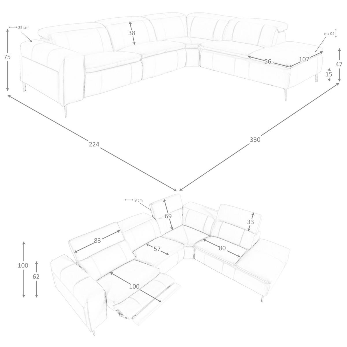 ECKSOFA Ecke Grau Geschwärzter Stahl 330/224/100 cm - Grau, Leder/Metall (330/224cm) - ANGEL CERDA