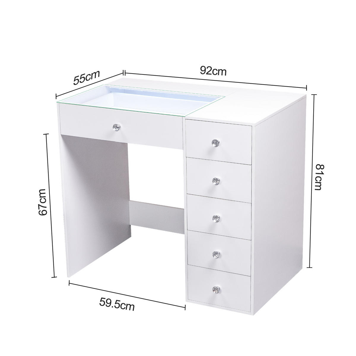 SCHMINKTISCH mit Spiegel Beleuchtung 6 Schubladen Weiβ 92/55/129 CM - Weiß, Holz (55/81/92cm) - VANITII