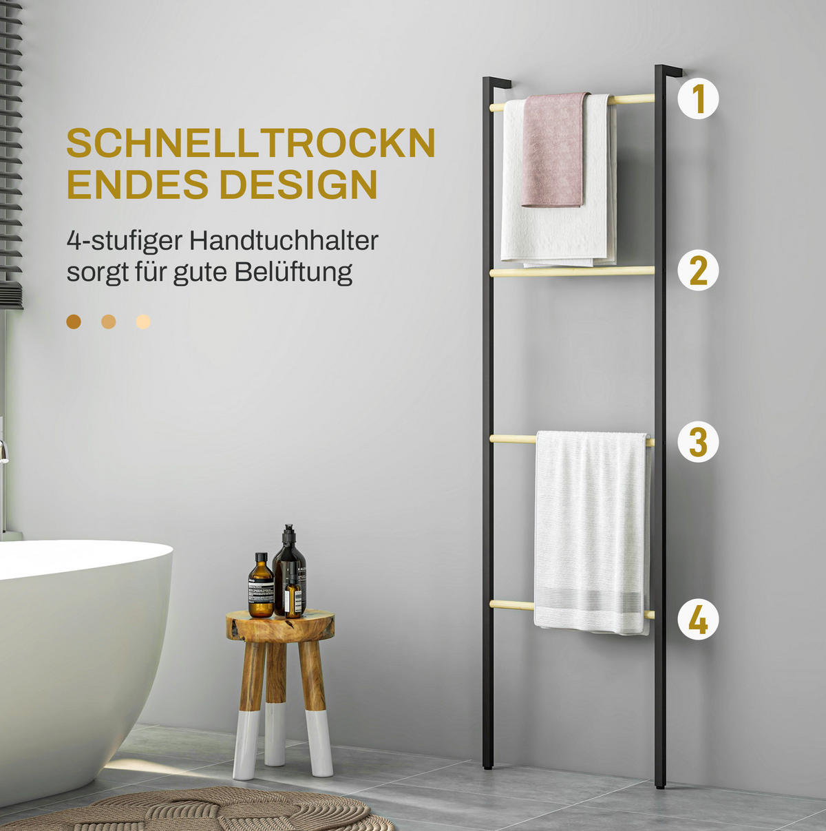 HANDTUCHSTÄNDER 49x5.5x167.5 cm Schwarz aus Stahl & Bambus mit 4 Stangen - Schwarz, Naturmaterialien (5.5/167.5/49cm) - Modfu