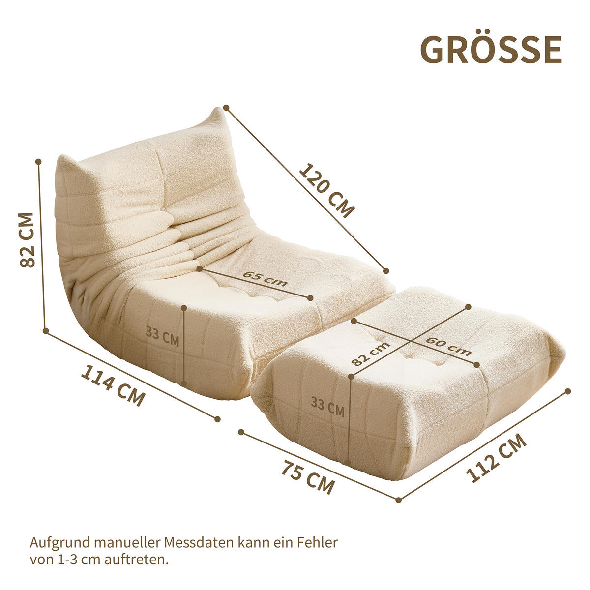 LIEGESESSEL in Sacksessel-Form 112/120/82 cm Beige für Schlafzimmer Wohnzimmer - Beige, Textil (120/82/112cm) - OKWISH