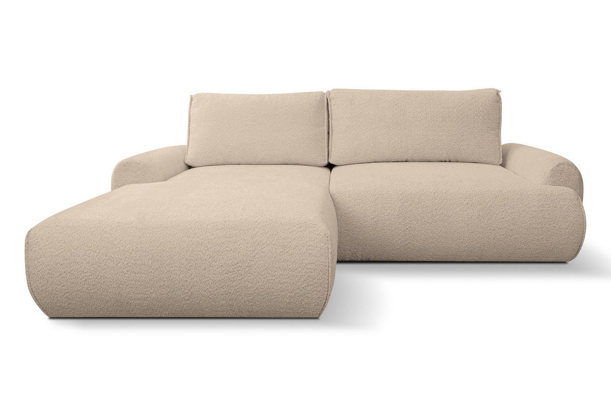 ECKSOFA Moon in L-Form mit Schlaffunktion und Bettkasten, Farbe: Hellbraun, Bouclé-Stoff, Ottomane Links - Hellbraun, Textil (136/260cm) - VENASI MÖBEL