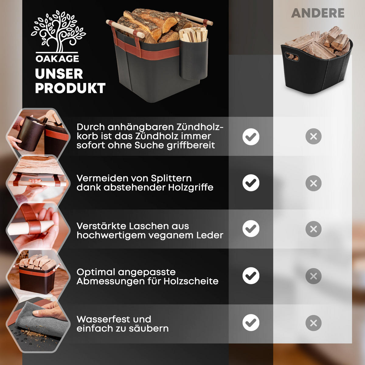KAMINHOLZKORB LuxeLeather Duo 2er-Set veganes Leder mit ausreißsicheren Holzgriffen 50/40/35 cm - Schwarz, Kunststoff (40/35/50cm) - OAKAGE