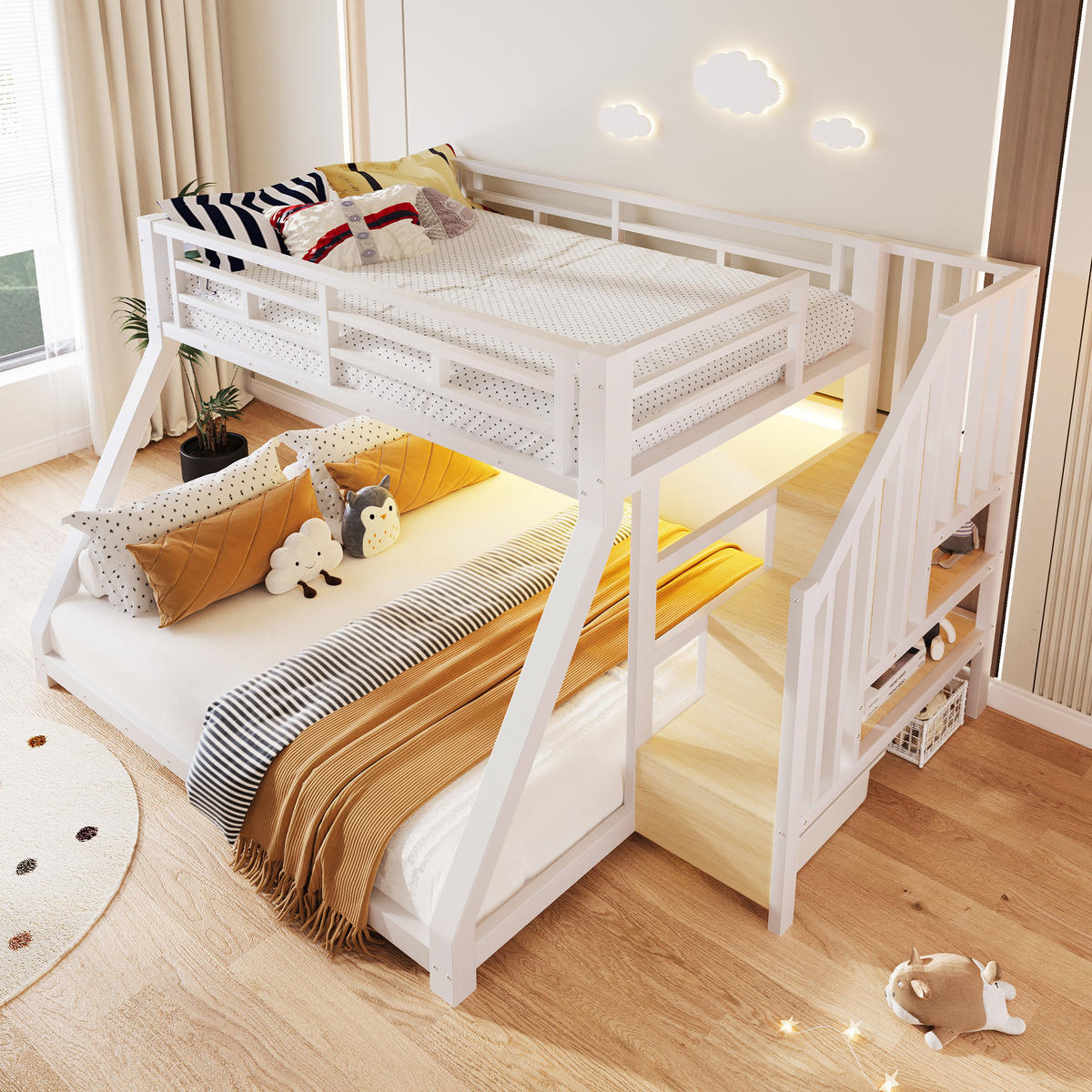ETAGENBETT 90/200 cm & 140/200 cm in Weiß Kinderbett mit 3 Staufächern, LED und Treppe Metall - Weiß, Holzwerkstoff/Metall (140/200cm) - STILVORA