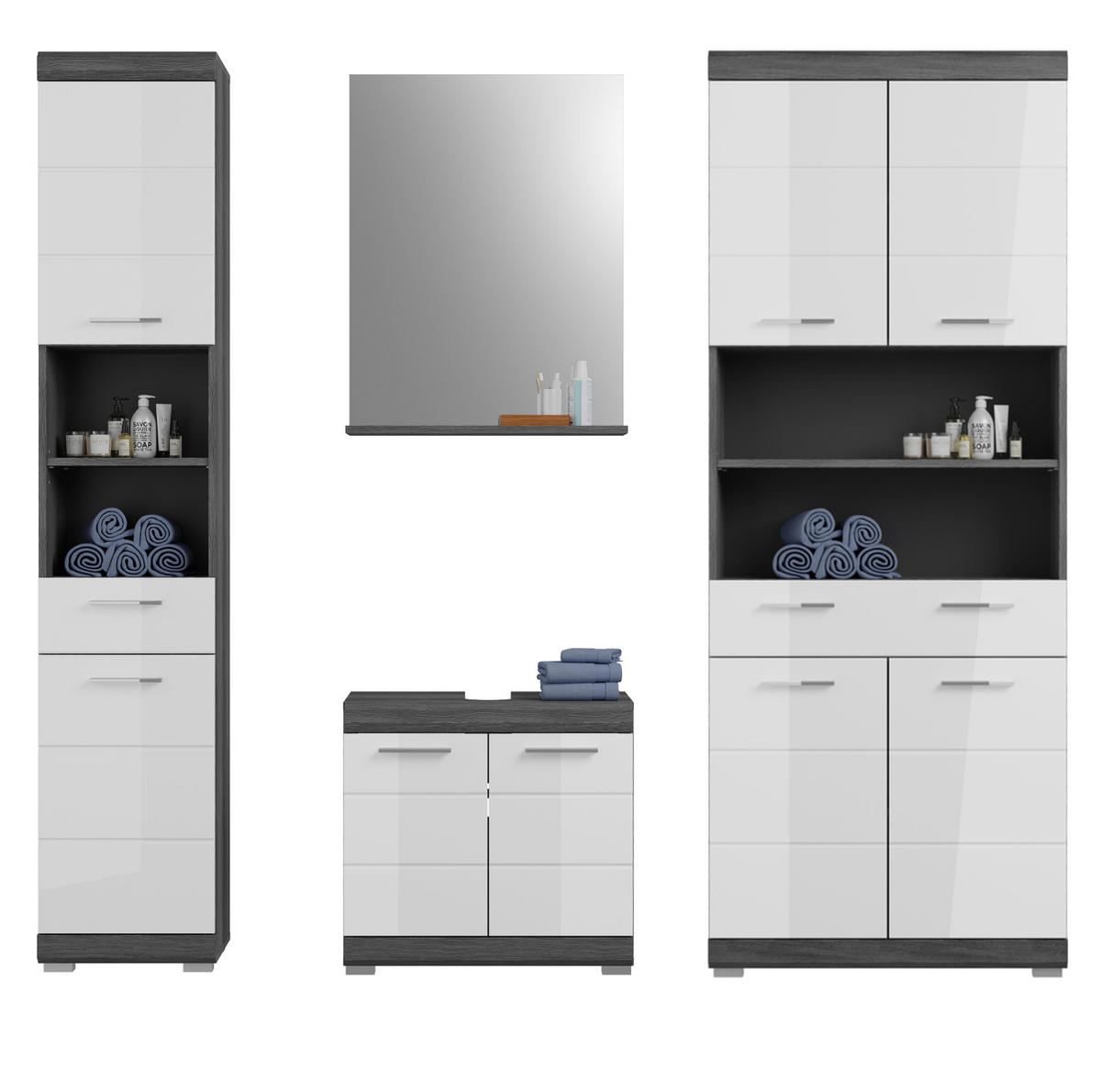 BADMÖBEL-SET weiß Hochglanz, grau 4-teilig 186 cm, Komplettset mit 14 Fächern - Weiß Hochglanz/Grau, Holzwerkstoff (186/191/34cm) - Inn.Furn