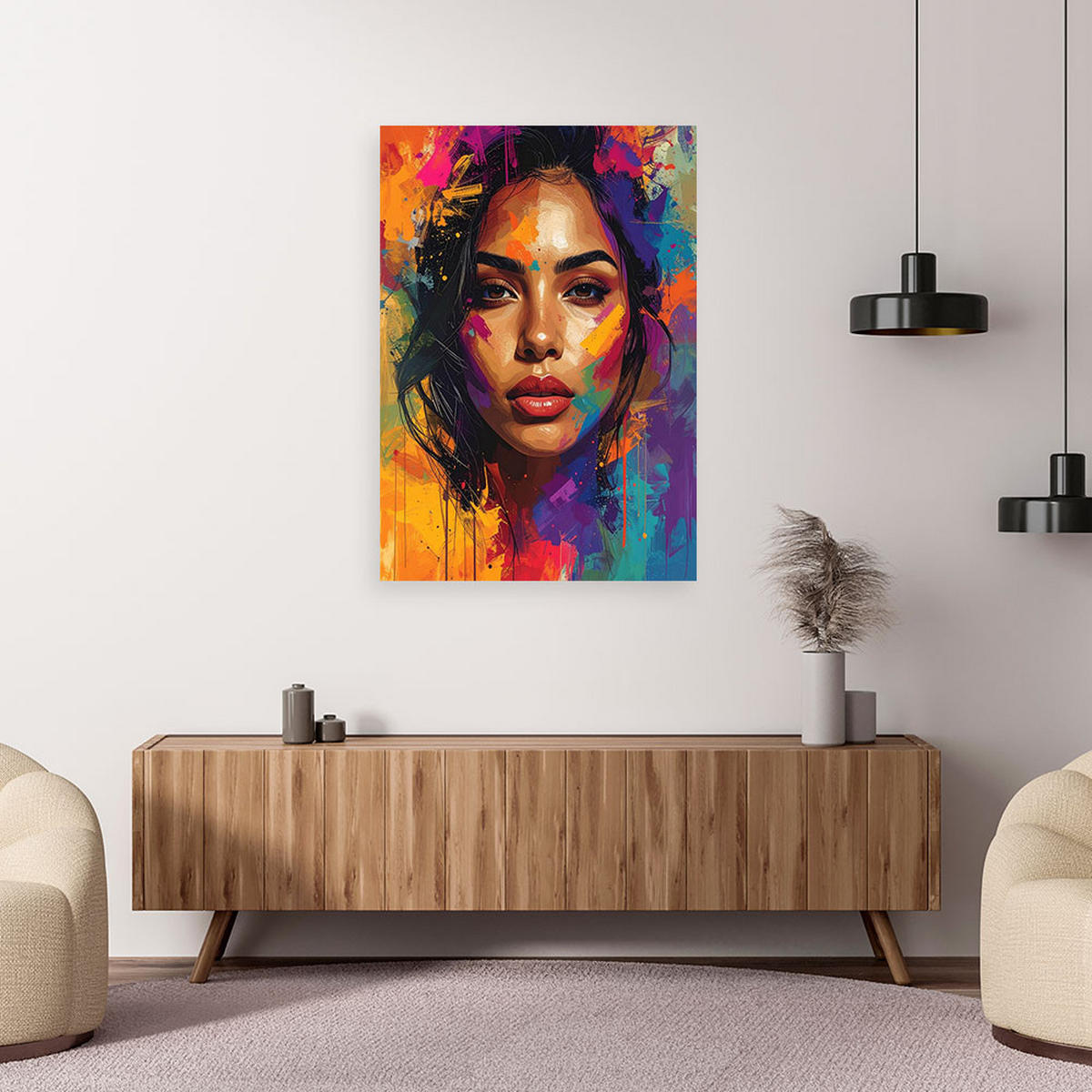 WANDBILD, Ein farbenfrohes Porträt einer Frau in einem ausdrucksstarken malerischen Stil - Multicolor, Textil (70/100cm) - Feeby