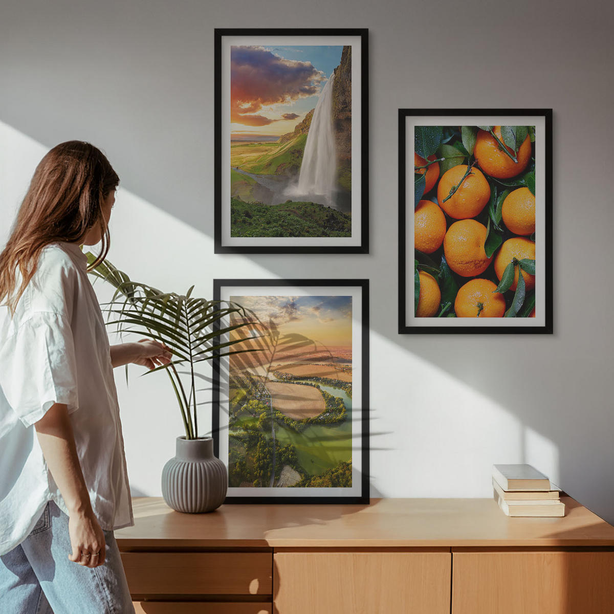 BILDER SET 3er Set - 40x60 cm Schwarzer Rahmen - Orange Mountain Wasserfall - Schwarz, Kunststoff (40/60cm) - TULUP