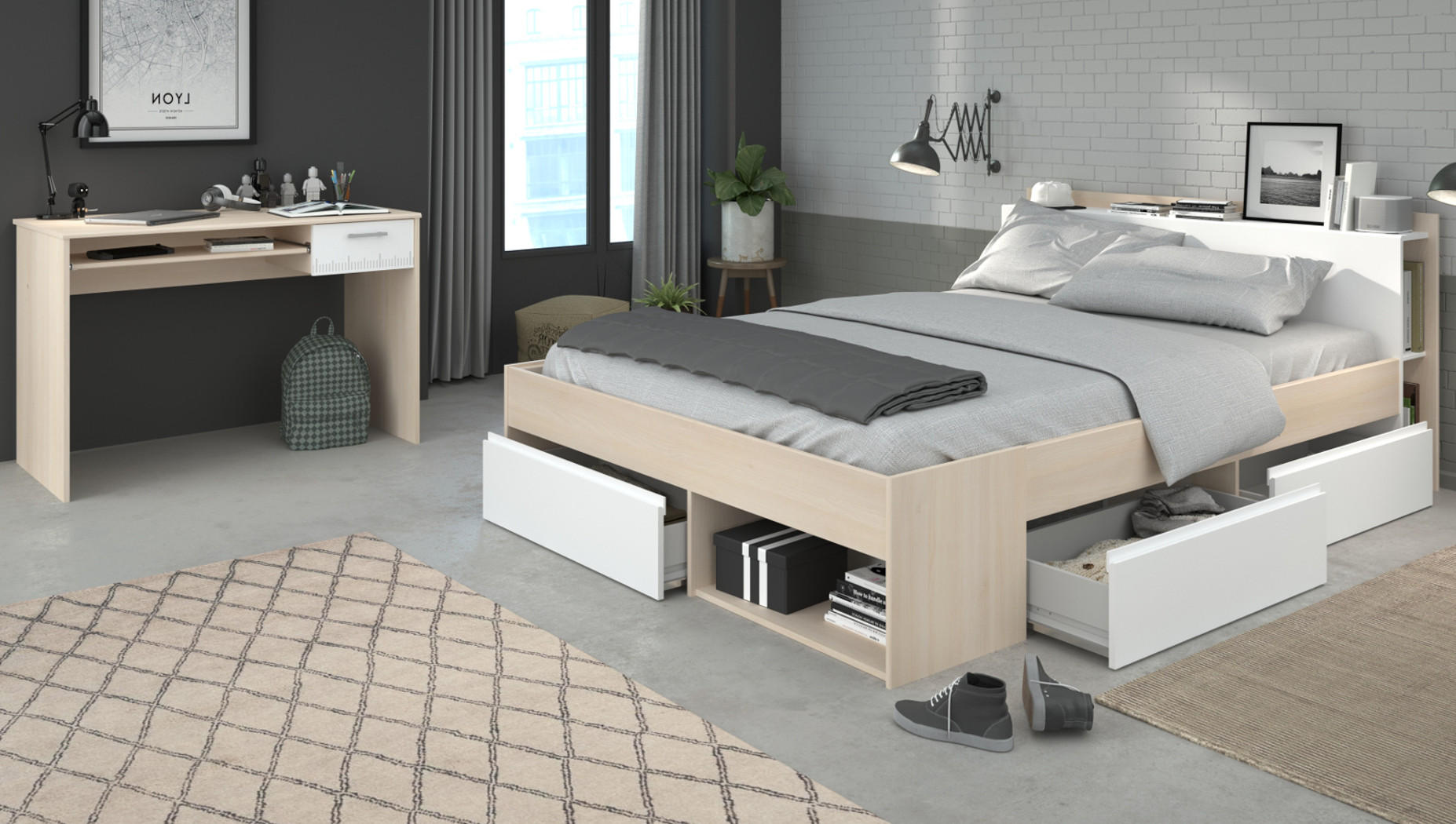 JUGENDZIMMER Set mit Stauraumbett 160 x 200 und Schreibtisch - Silberfarben/Weiß, Holz/Holzwerkstoff (140/79/200cm) - Parisot Meuble