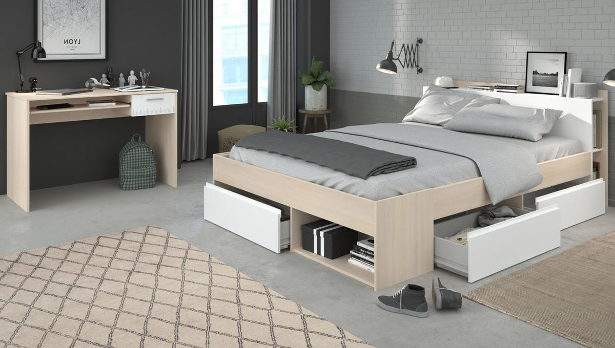 JUGENDZIMMER Set mit Stauraumbett 140 X 200 cm und Schreibtisch - Weiß/Akaziefarben, Holz/Holzwerkstoff (140/79/200cm) - Parisot Meuble