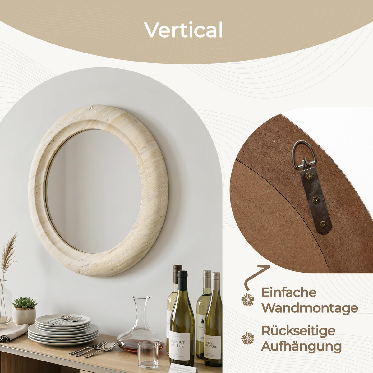 WANDSPIEGEL rund mit Holzrahmen Ø 52 cm - Beige, Glas/Holz (52/3/52cm)