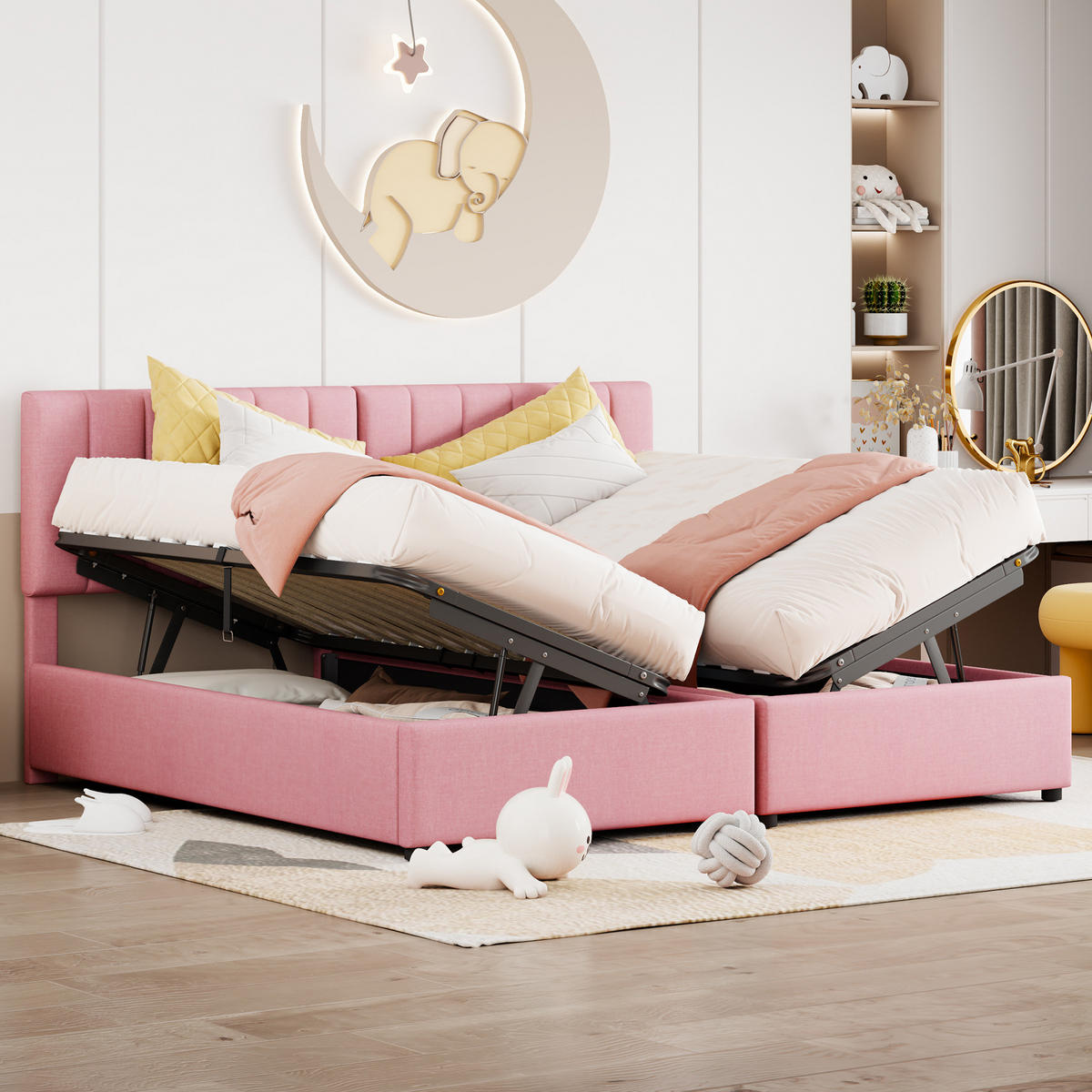 POLSTERBETT 180/200 cm Rosa mit Hydraulik, Stauraum und Lattenrost ohne Matratze - Pink, Textil (180/200cm) - MIVRAY