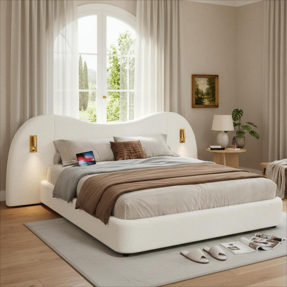 POLSTERBETT 180/200 cm weiß aus Bouclé mit hydraulischem Stauraum - Weiß, Textil (180/200cm) - OKWISH