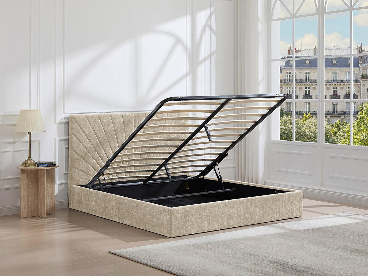 BETT mit Bettkasten - 2 Personen - Stoff - Beige - Beige, Textil (180/200cm) - Vente-Unique