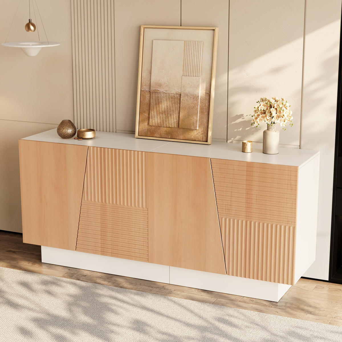 SIDEBOARD geometrische Rillen 4 Türen Stauraum modern - Weiß, Holzwerkstoff (40.5/72/160cm) - FLIEKS