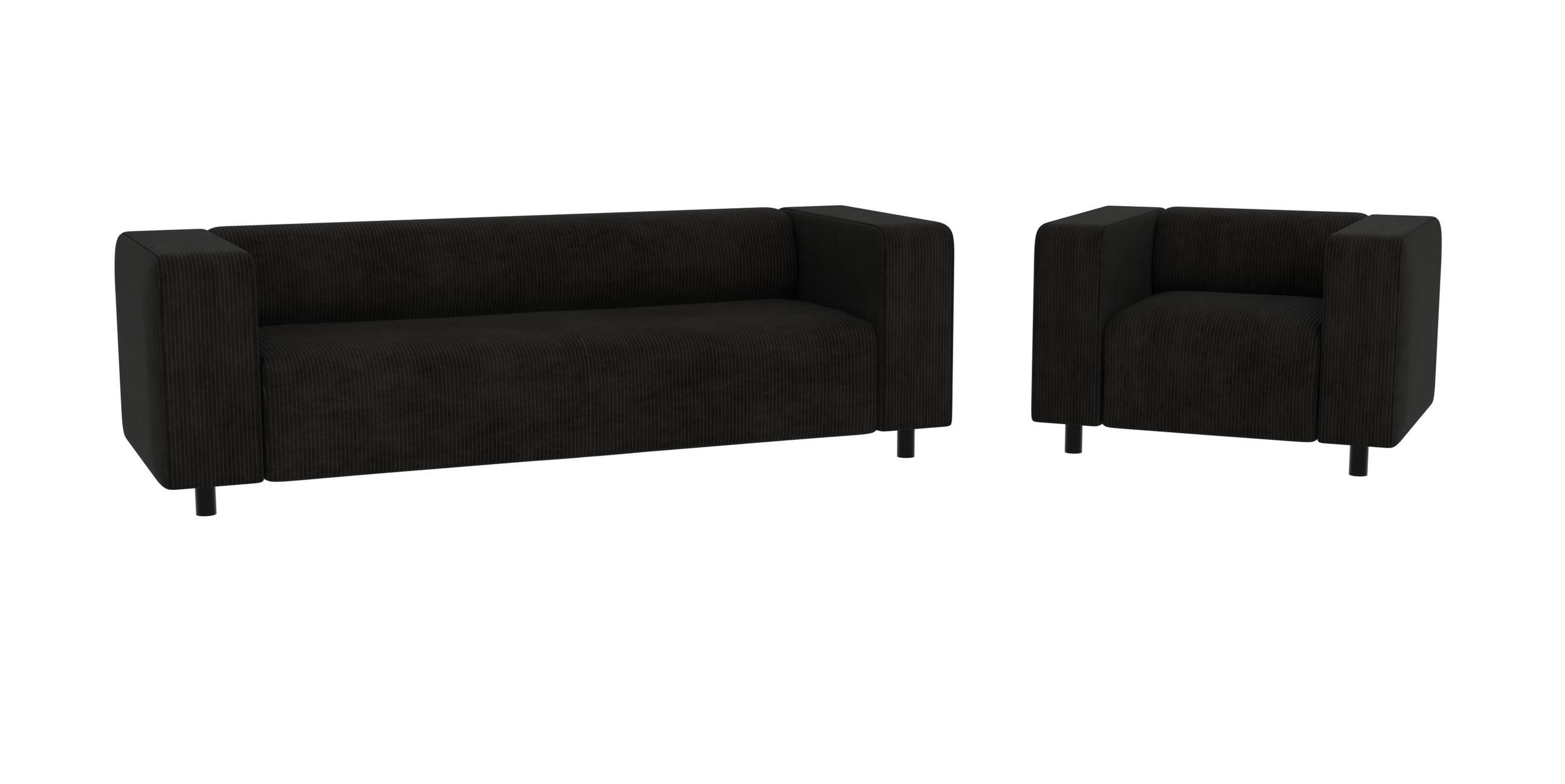 SITZGARNITUR 3+1 Tove Schwarz Cord - Schwarz, Holz/Kunststoff (175/65/80cm) - S-Style Möbel
