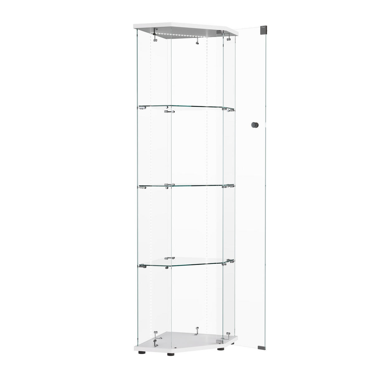 VITRINE mit RGB LED Beleuchtung - Eckvitrine mit 4 Ebenen und 1 Glastür - Glaskvitrine mit Schloss - Weiß - Weiß, Glas (60/162/42.5cm) - DELFA